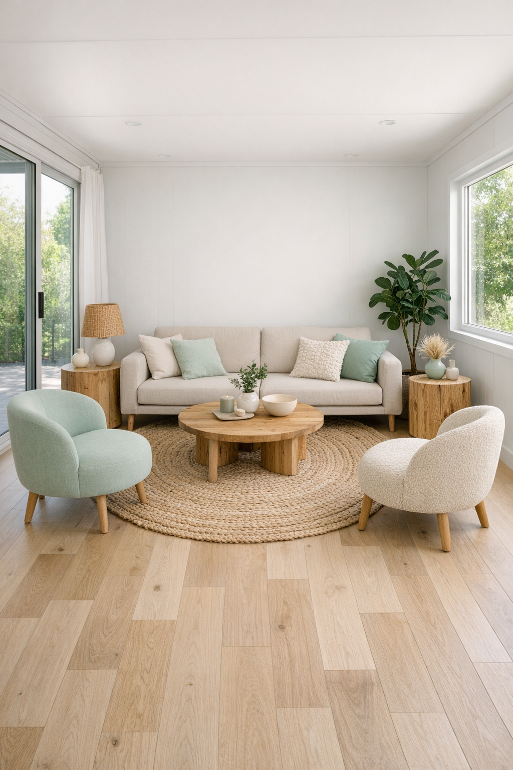 Bright accessible living room with pale oak floors and mint accents