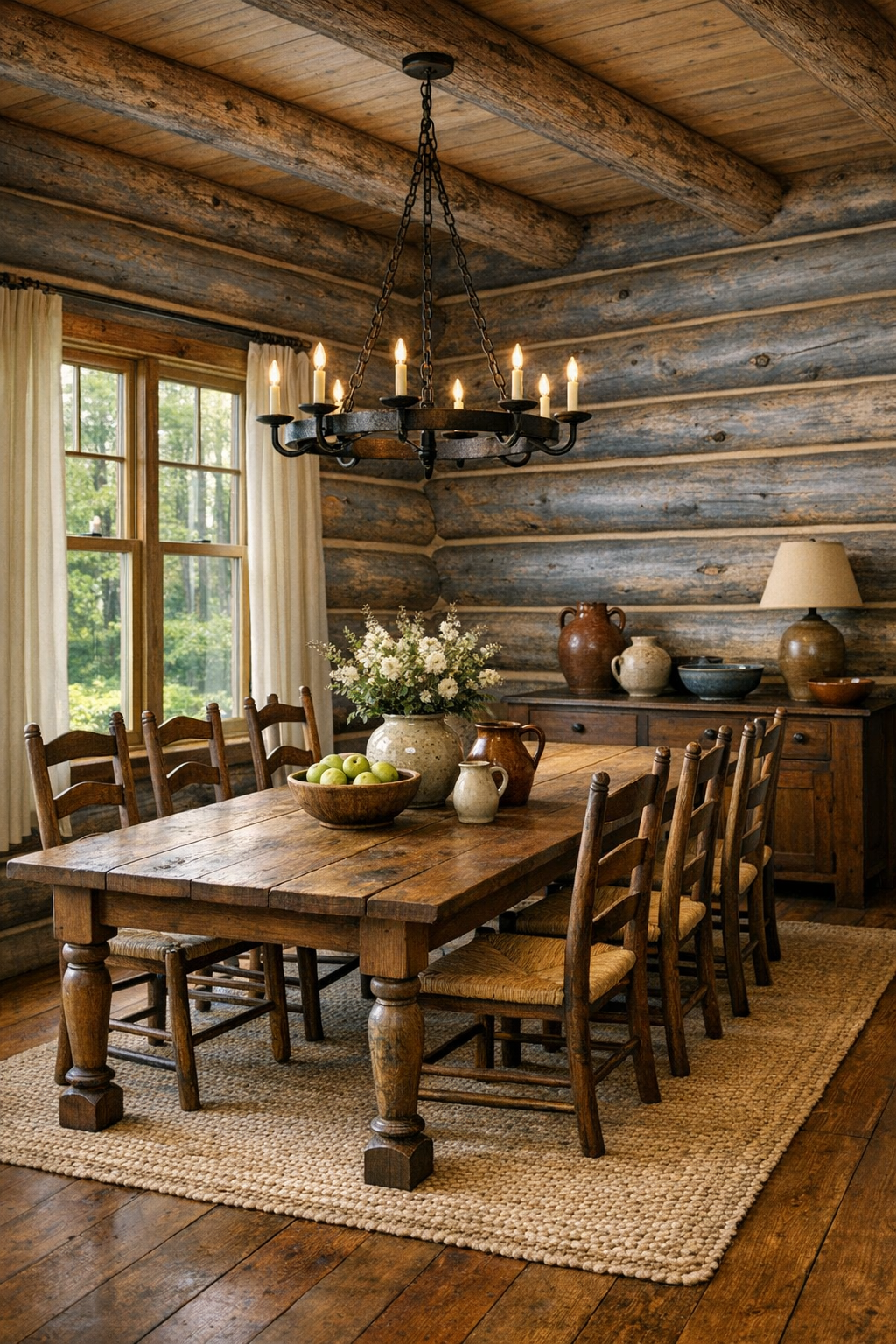 Rustic traditional dining room with farmhouse table in a log home