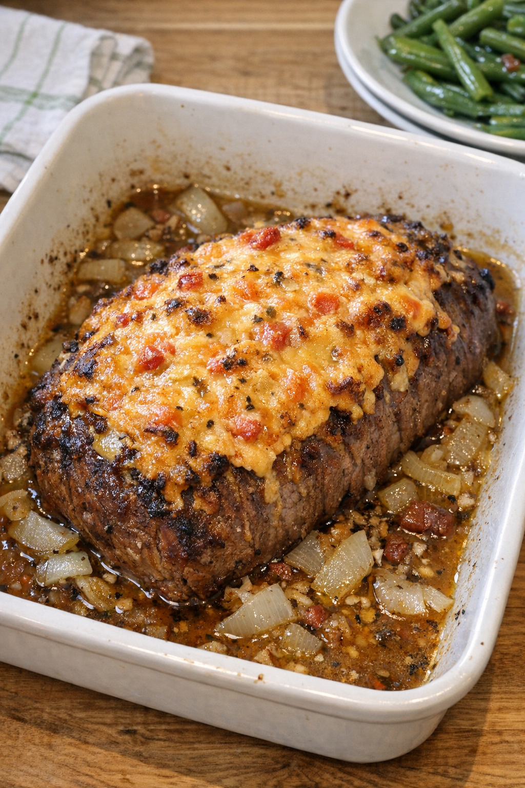 Finished baked beef roast with melted pimento cheese in a baking dish