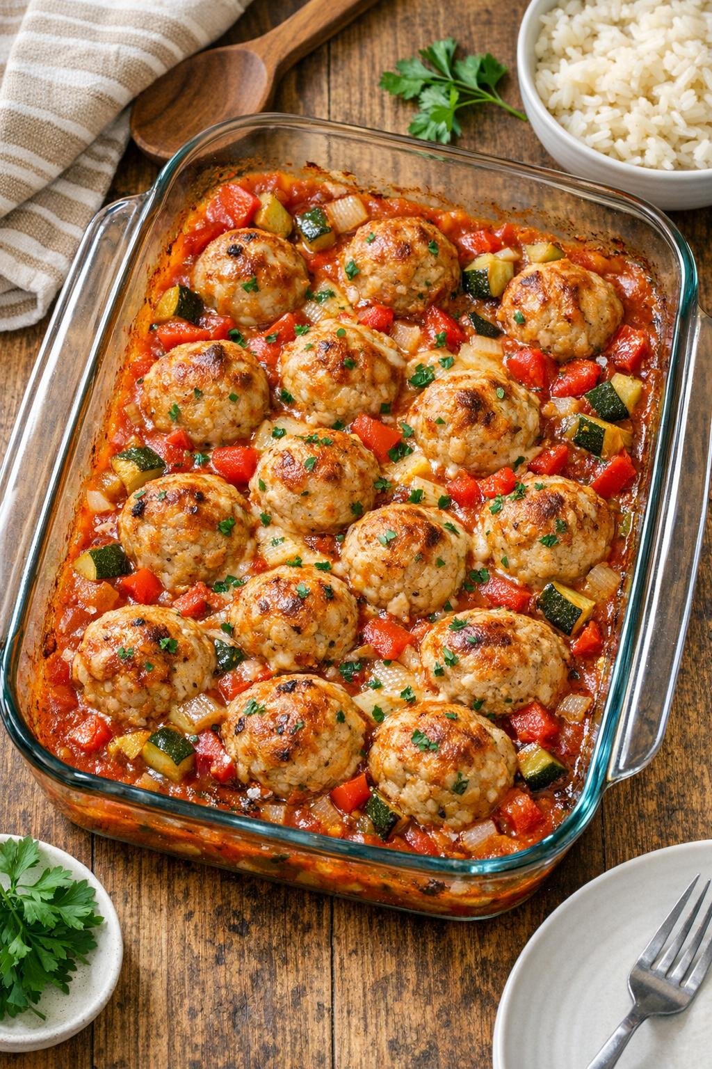 Baked chicken meatballs in sauce in a glass casserole dish