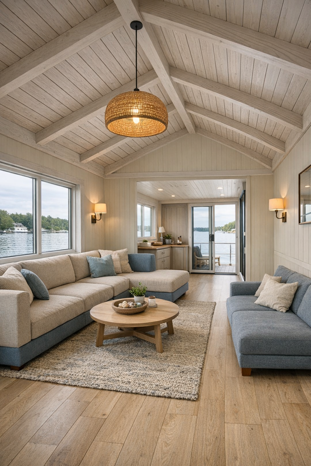 Bright living room with vaulted ceiling, pale wood floors, and soft blue-gray accents