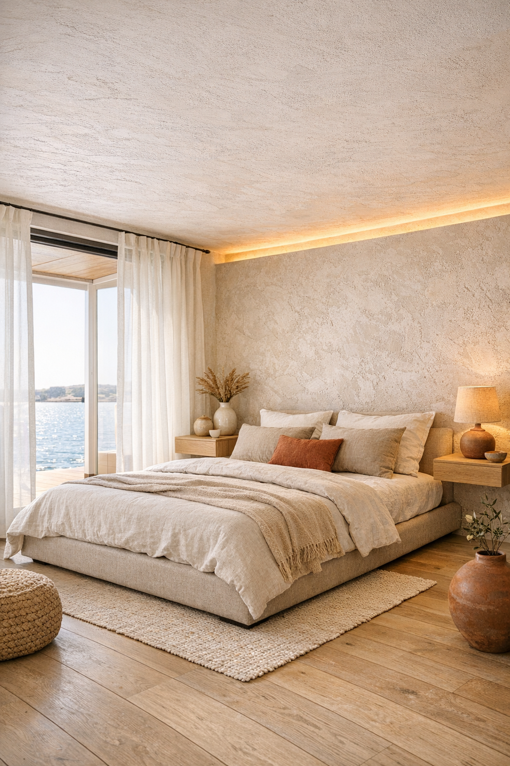Serene Mediterranean bedroom with linen bed and textured plaster wall