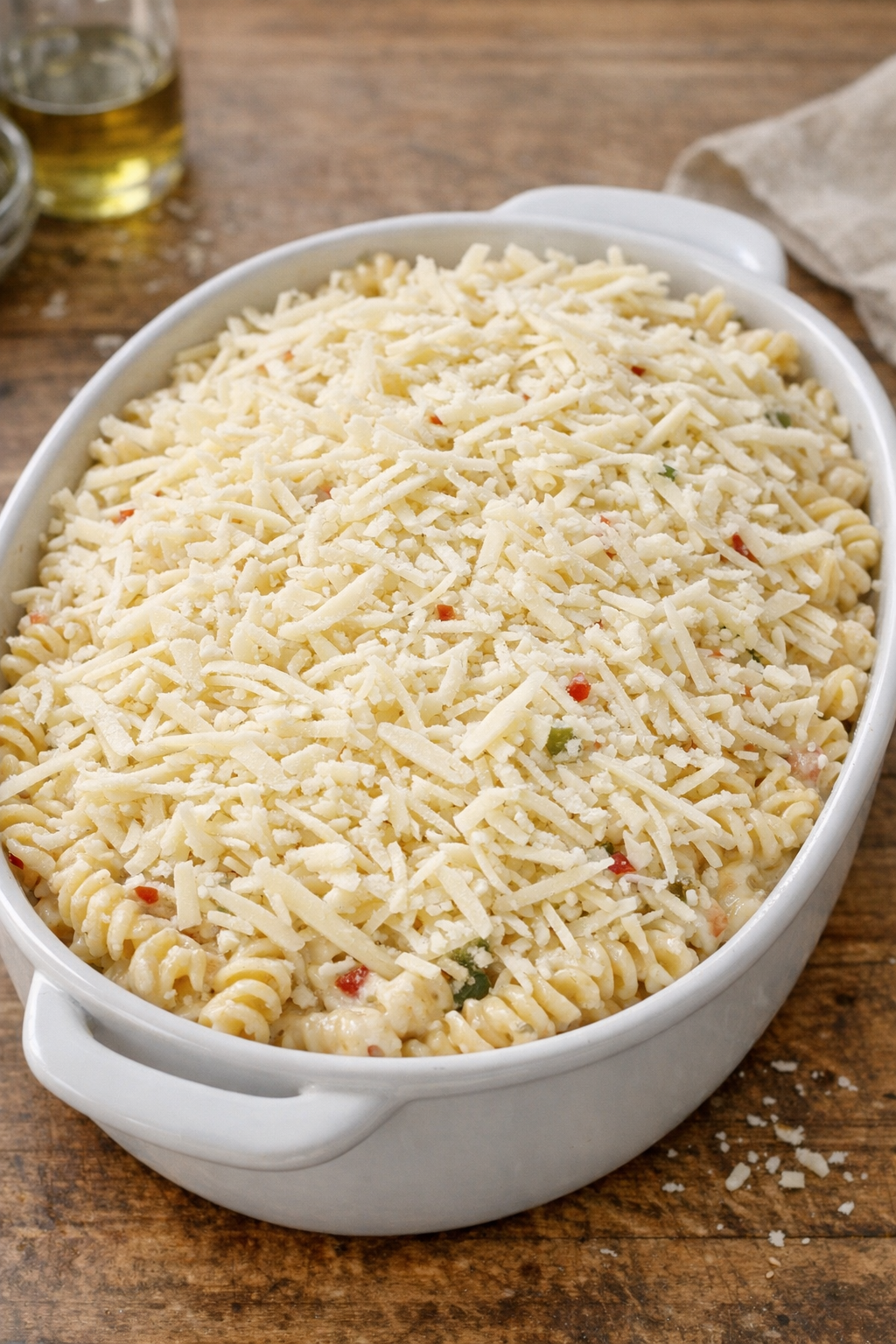 Unbaked pepper jack rotini in casserole dish topped with cheese