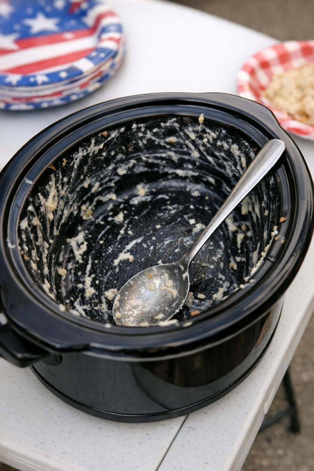 Black slow cooker crock scraped nearly clean on a folding table