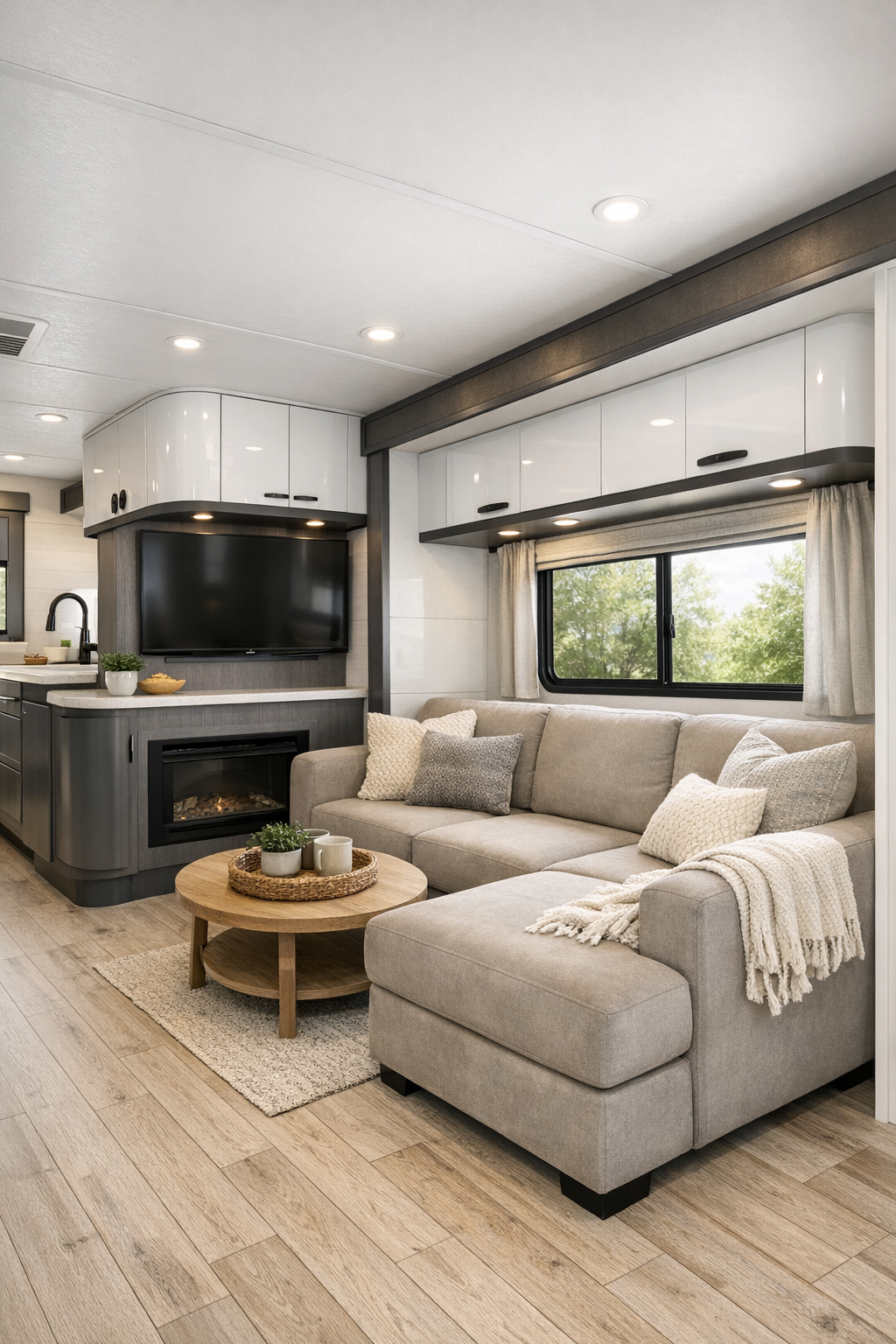 Accessible RV camper living room with greige sofa, white cabinetry, and pale oak flooring