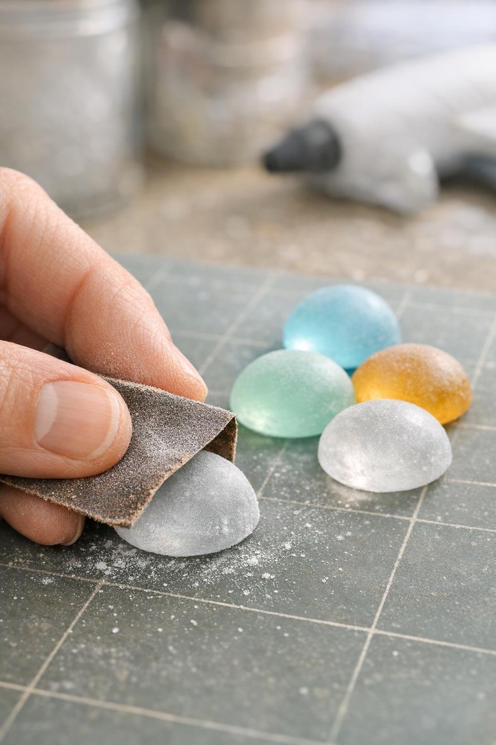 A faux gem being sanded to create a frosted sea glass finish