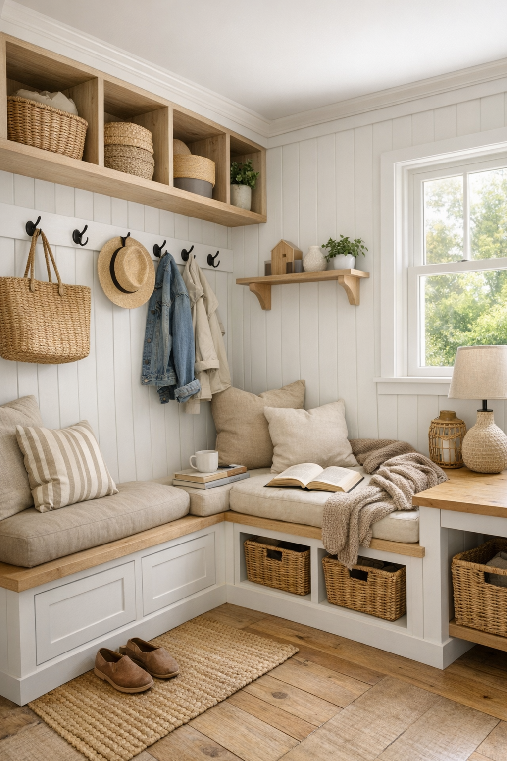Smart built-in storage nook and multipurpose corner in a farmhouse-style small home