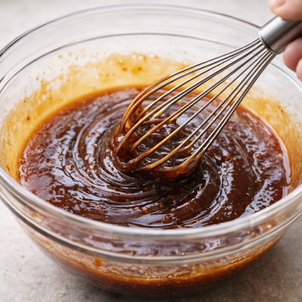 Barbecue honey glaze being whisked in a bowl