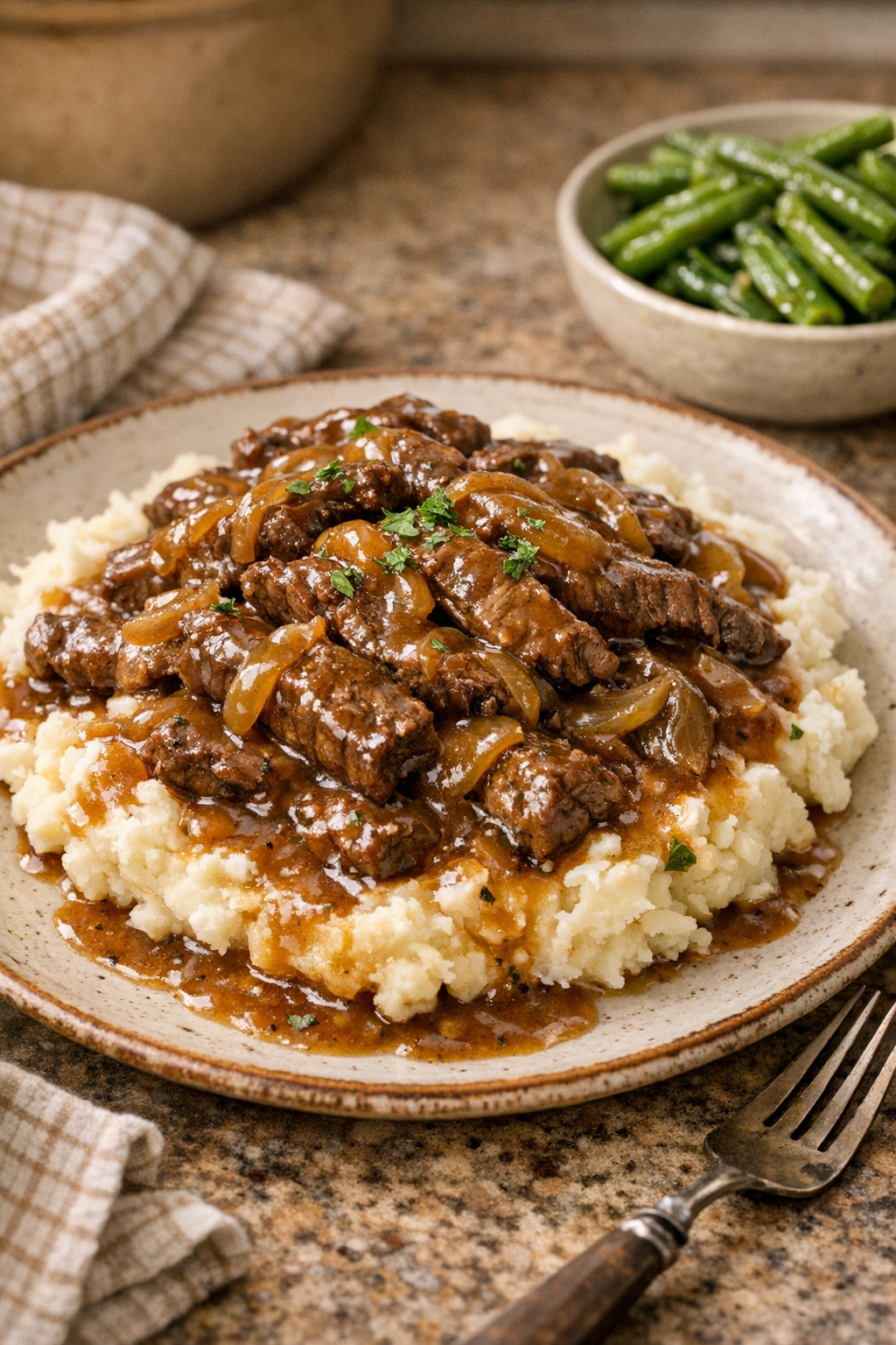Finished slow cooker beef chuck strips with onion gravy plated with mashed potatoes
