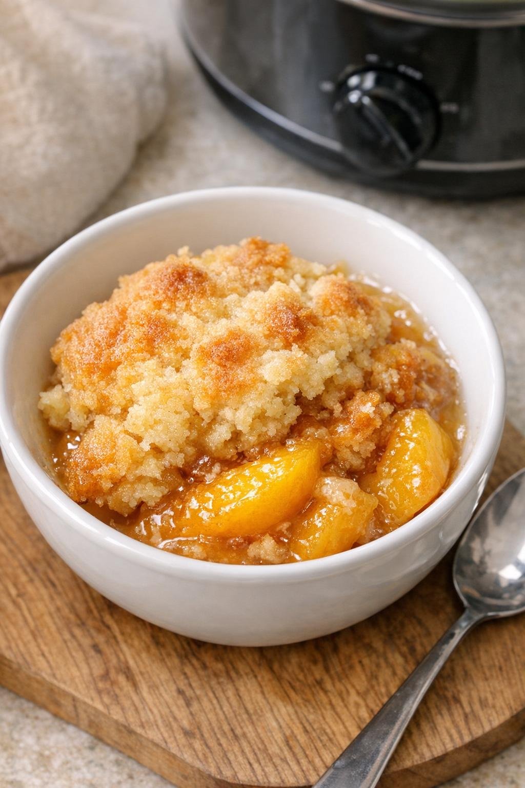 Finished slow cooker peach cobbler in a serving bowl