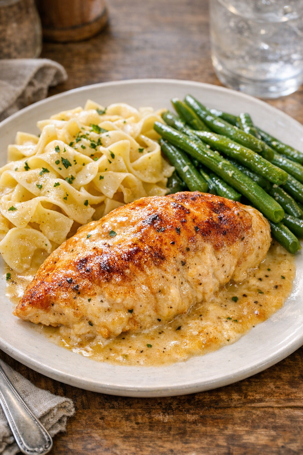 Finished baked chicken plated with sides