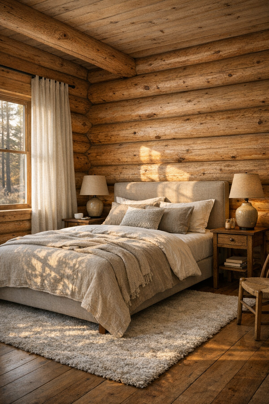 Bedroom with log walls, layered neutral bedding, and soft natural light