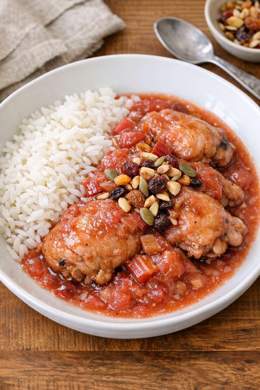 Finished slow cooker chicken with rhubarb sauce and trail mix garnish