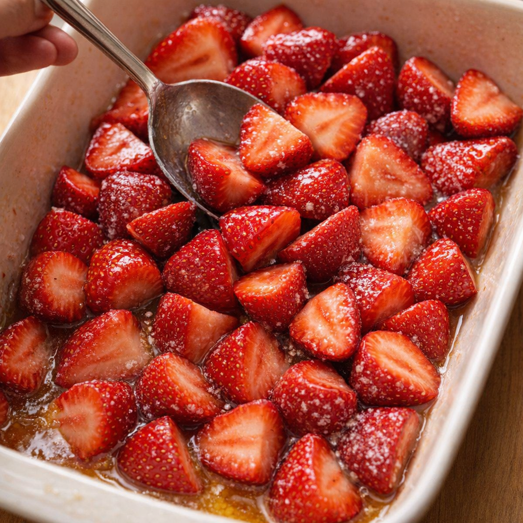Strawberries being tossed with sugar and butter in the baking dish
