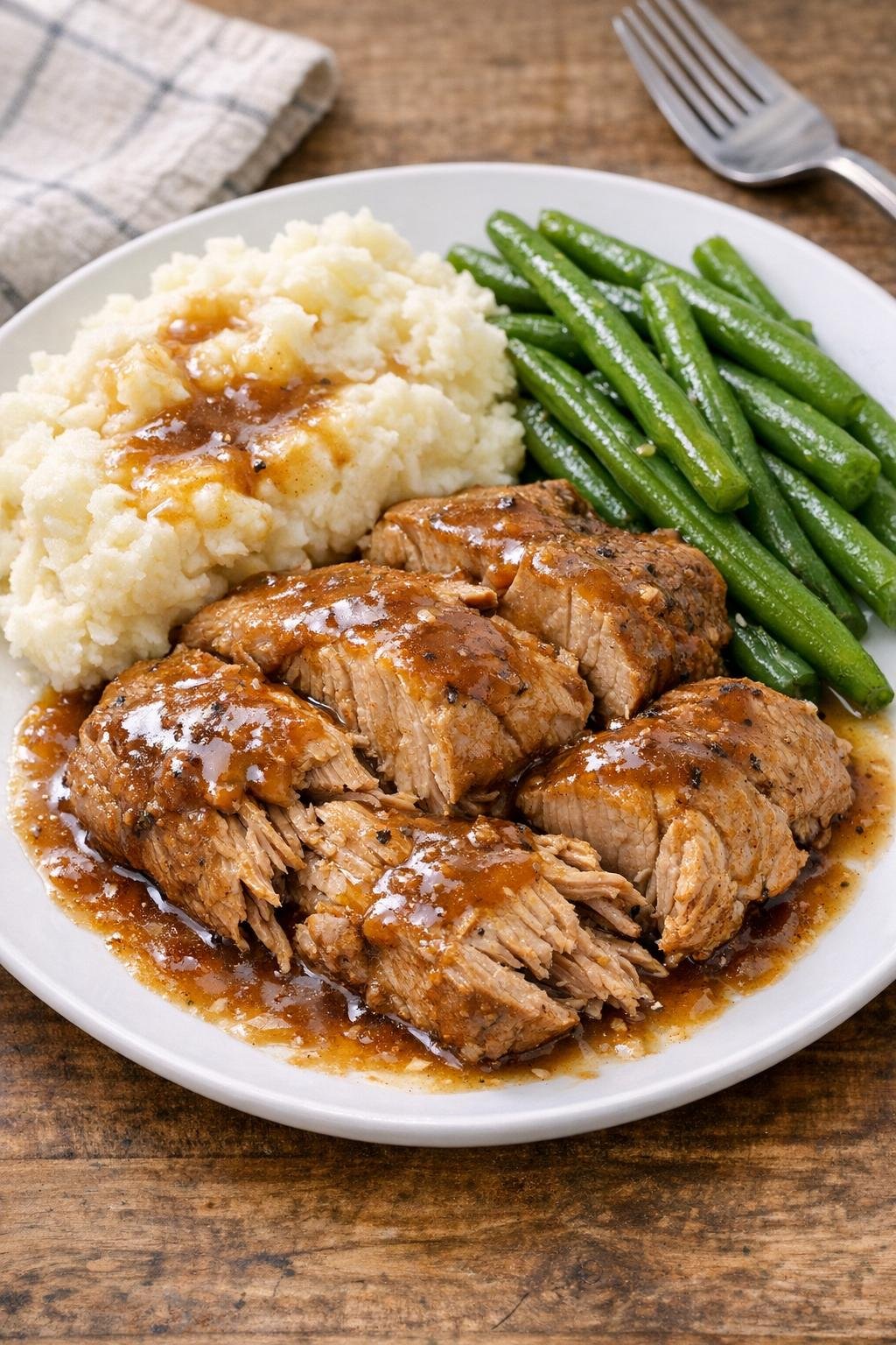 Finished slow cooker pork tenderloin plated with sauce
