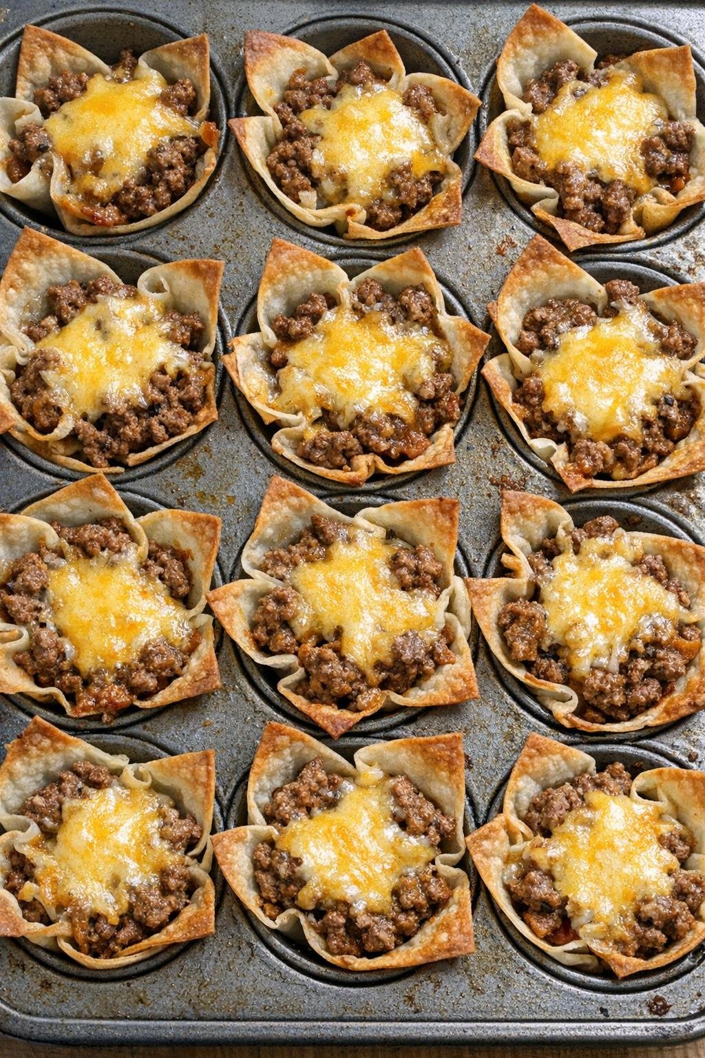 Oven baked beef taco cups in a metal pan