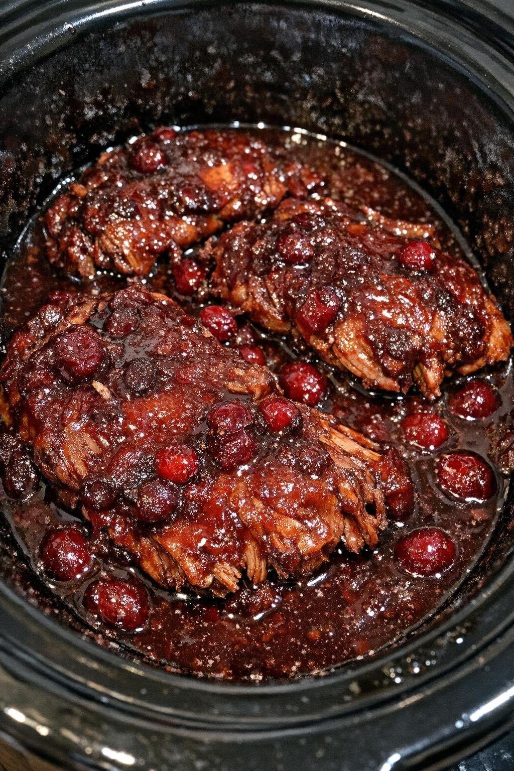 Slow cooker cranberry BBQ pork chops in a black slow cooker