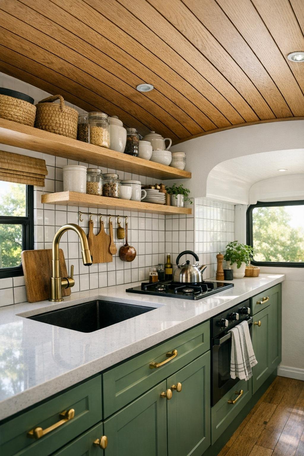 Galley kitchen in a converted bus with sage cabinets and white tile backsplash
