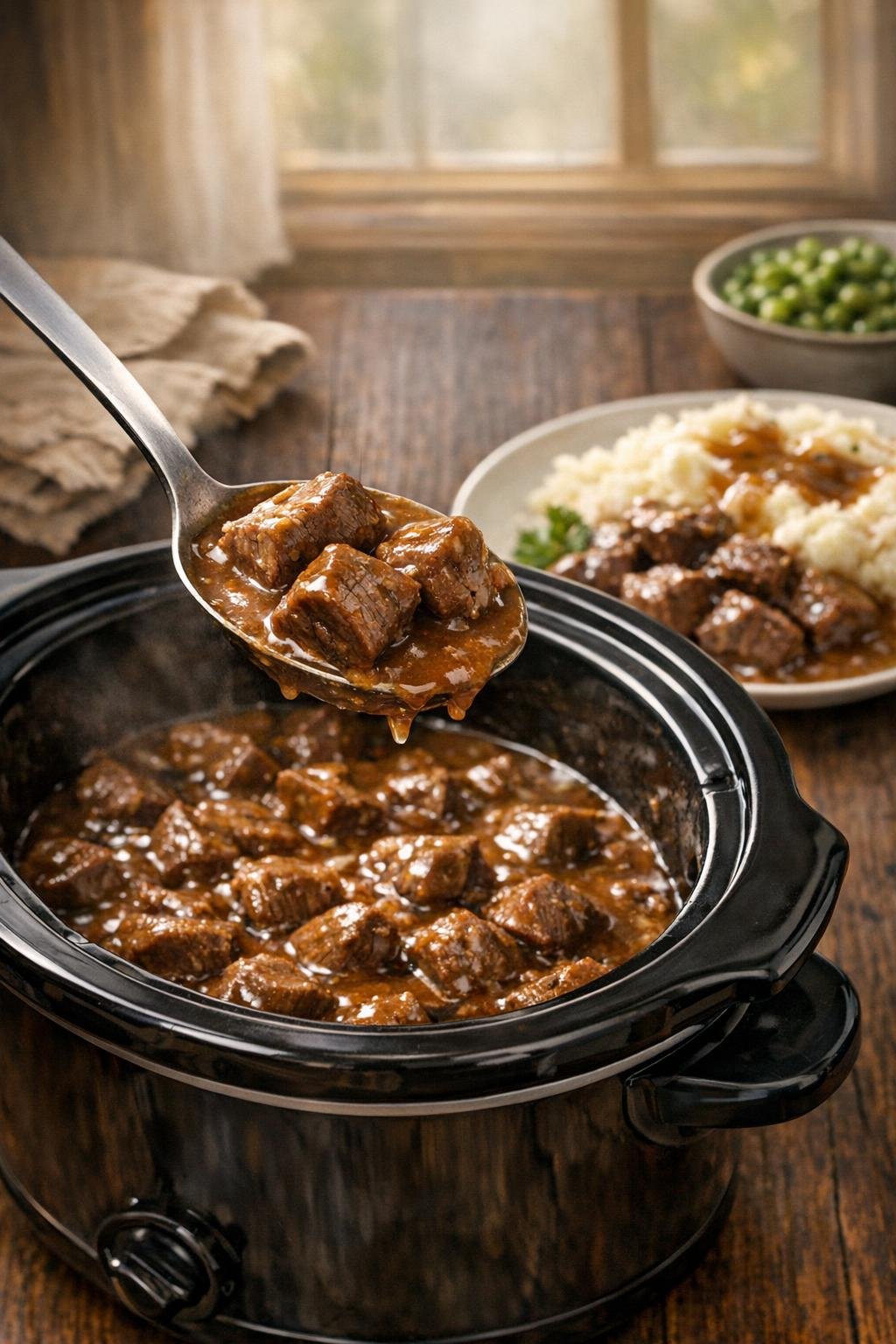 Finished beef tips with rich brown gravy served family-style