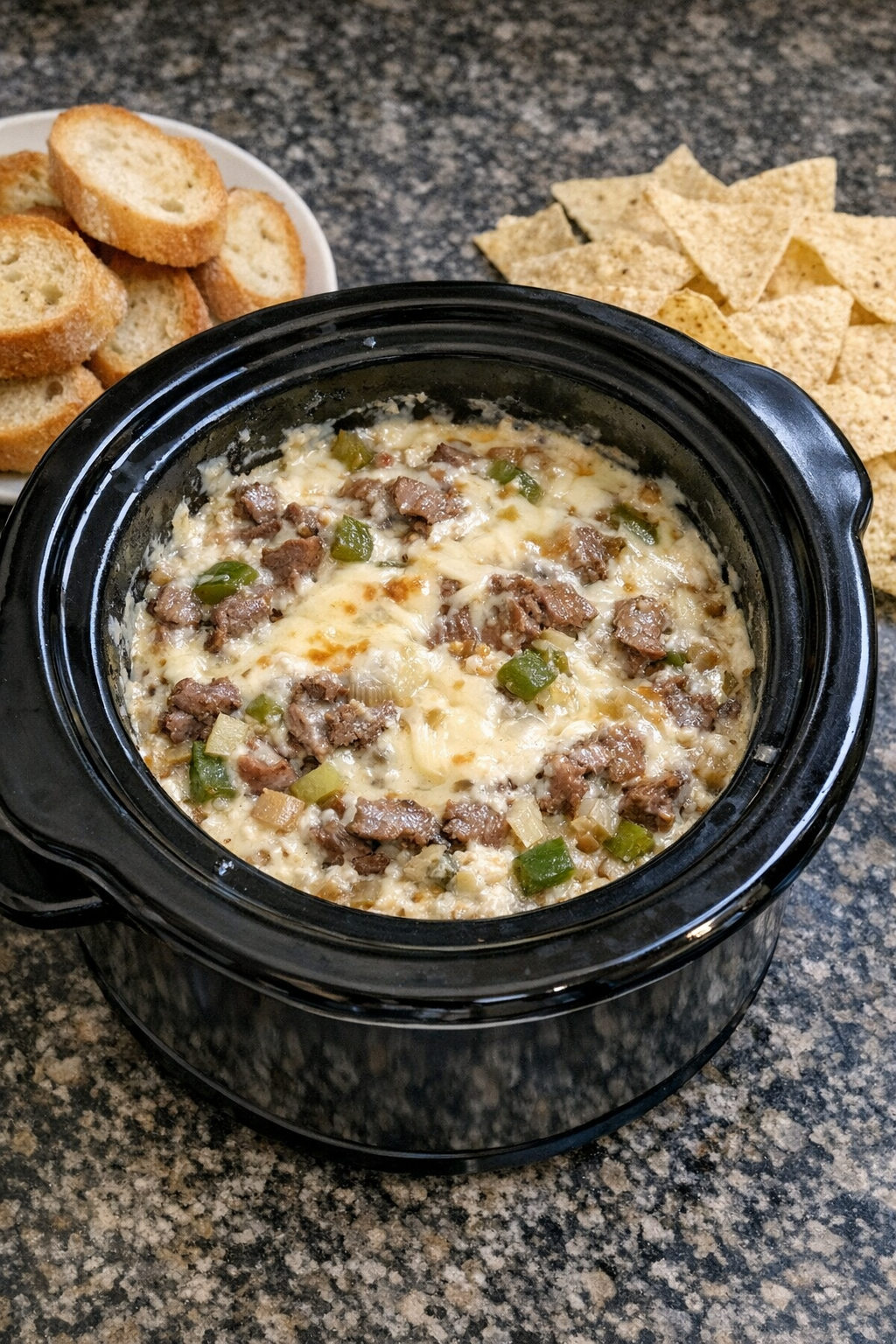 Finished Philly cheesesteak dip in a slow cooker with dippers