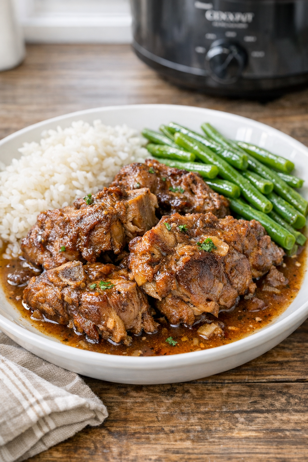 Finished slow cooker pork neck bones plated with gravy