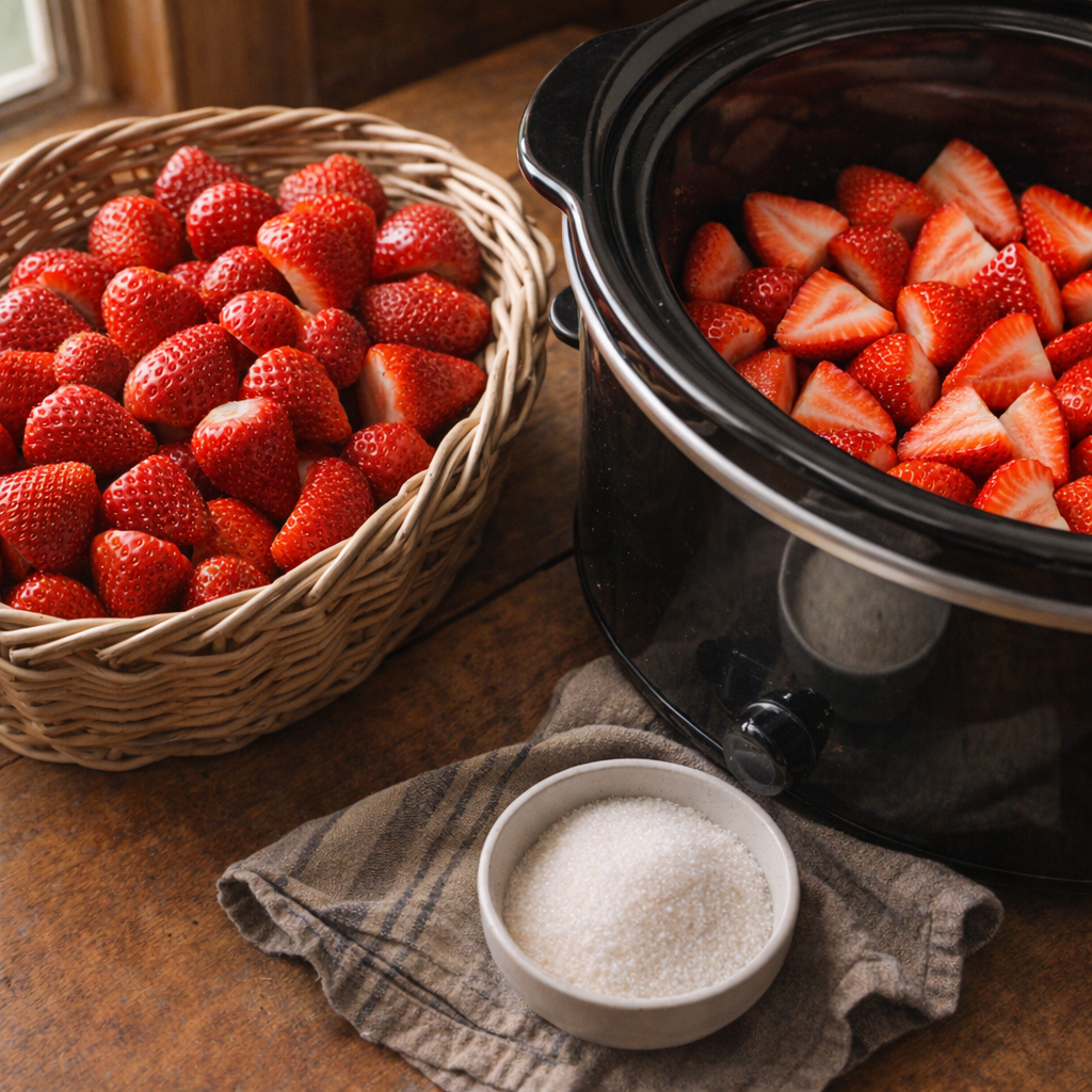 Fresh strawberries in a country kitchen beside a slow cooker