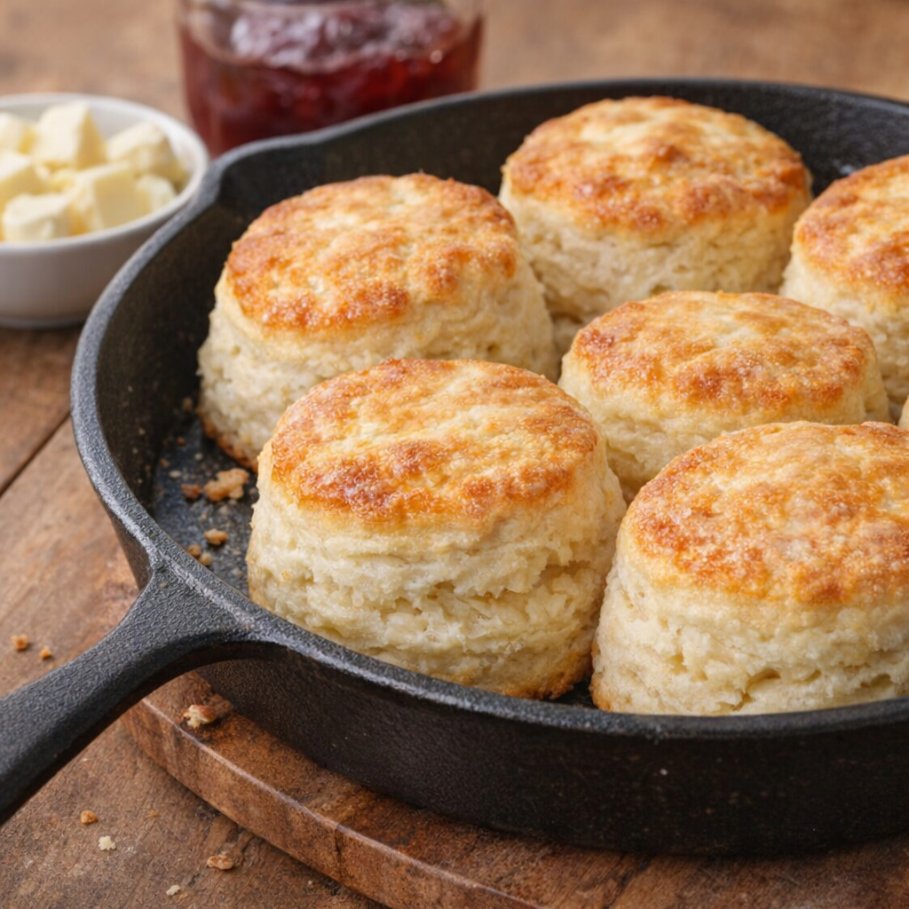 Warm biscuits in cast iron skillet on a table