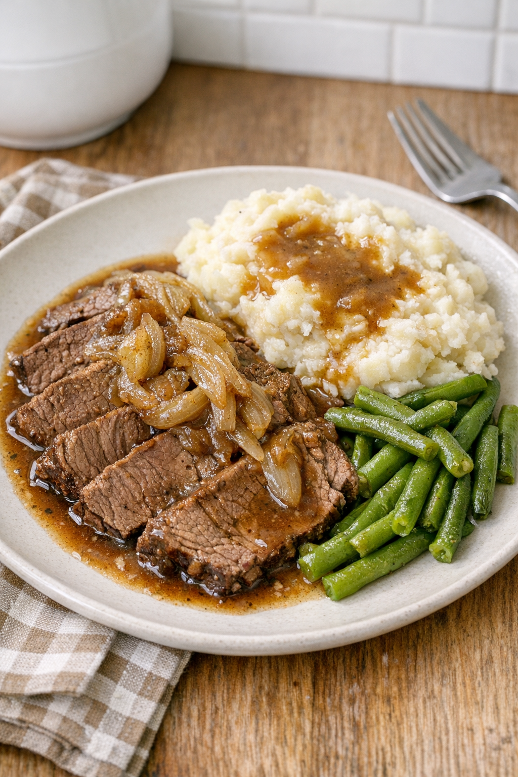 Finished slow cooker beef roast plated with gravy and vegetables