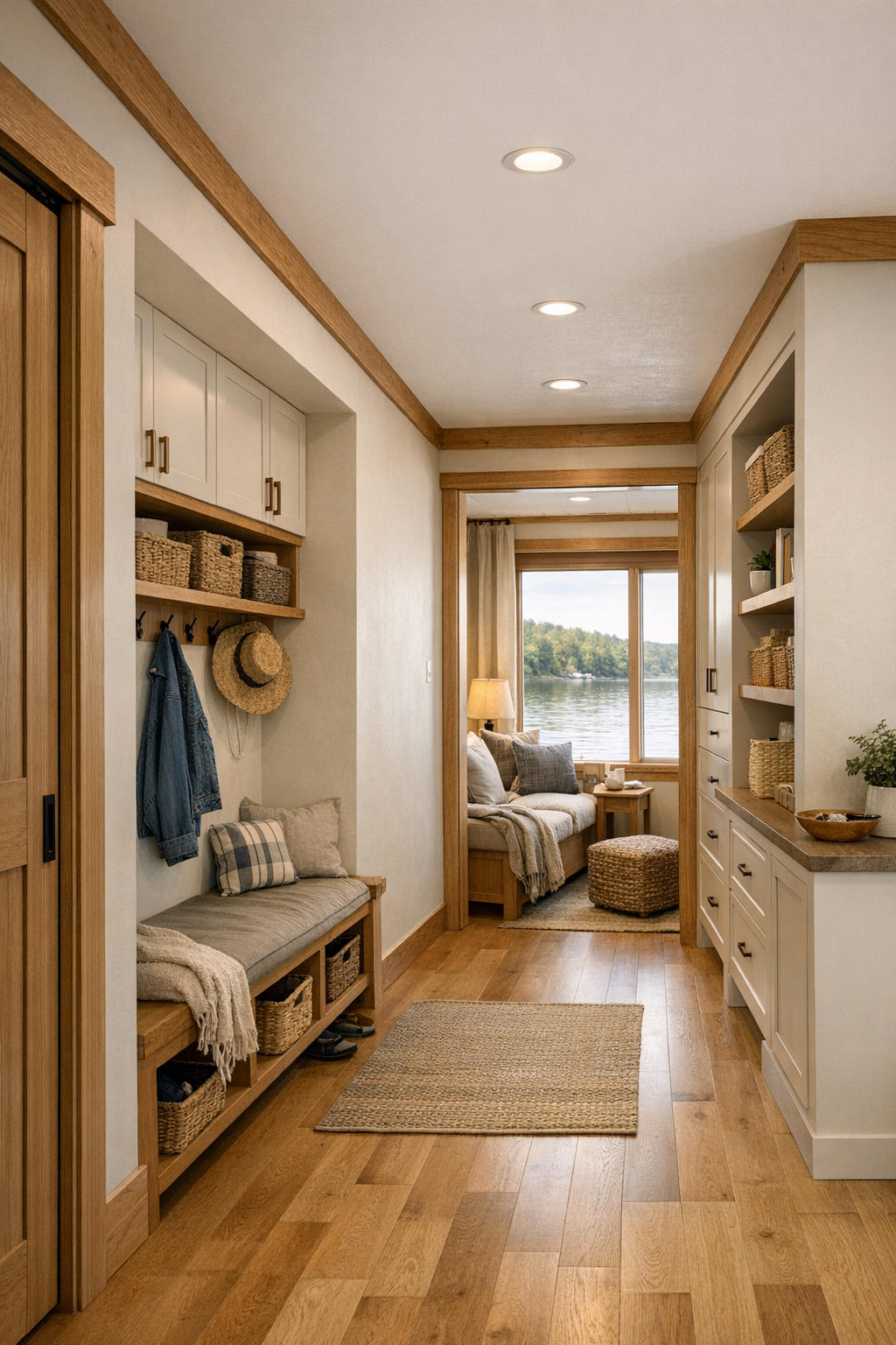 Wide hallway and entry nook with built-in storage, bench seating, and cottage-modern finishes