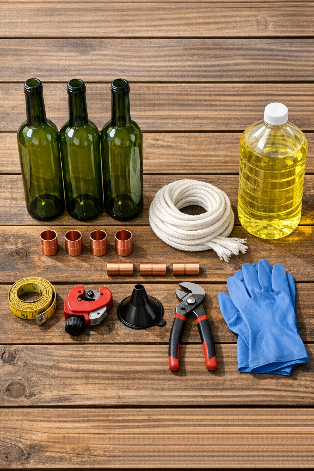 Materials for making wine bottle citronella torches laid out on a table