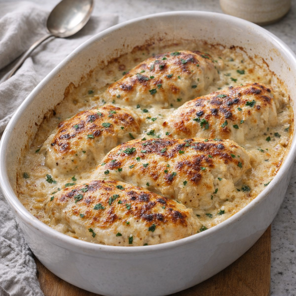 Baked chicken casserole in a home kitchen