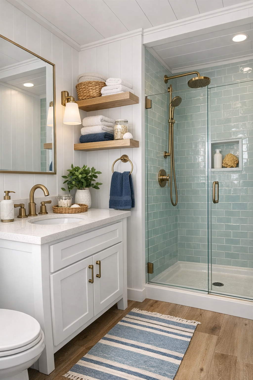 Compact coastal bathroom with shaker vanity and bright tile