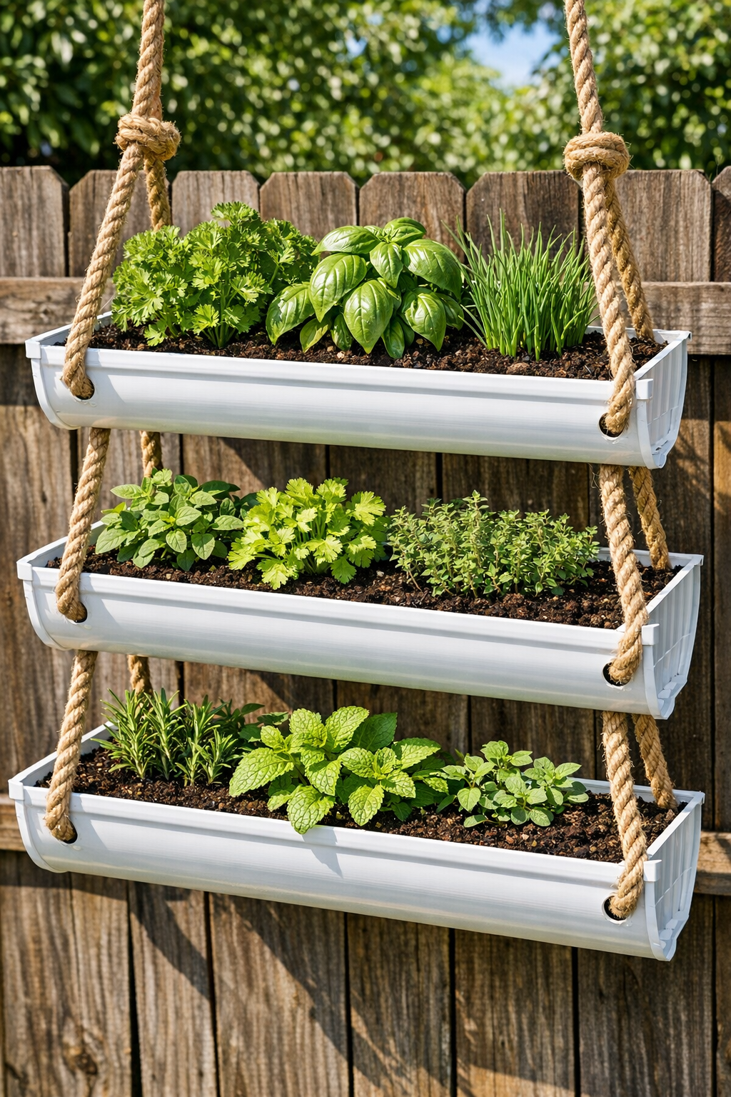 Finished hanging white gutter herb planter on a fence