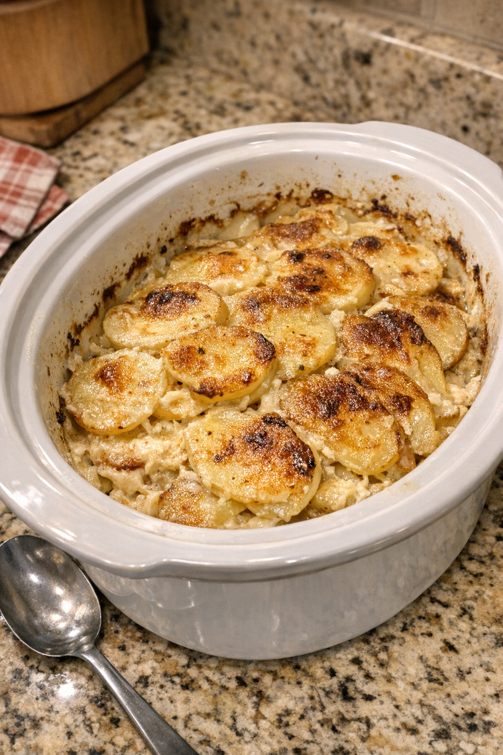 Finished creamy scalloped potatoes served from a white slow cooker