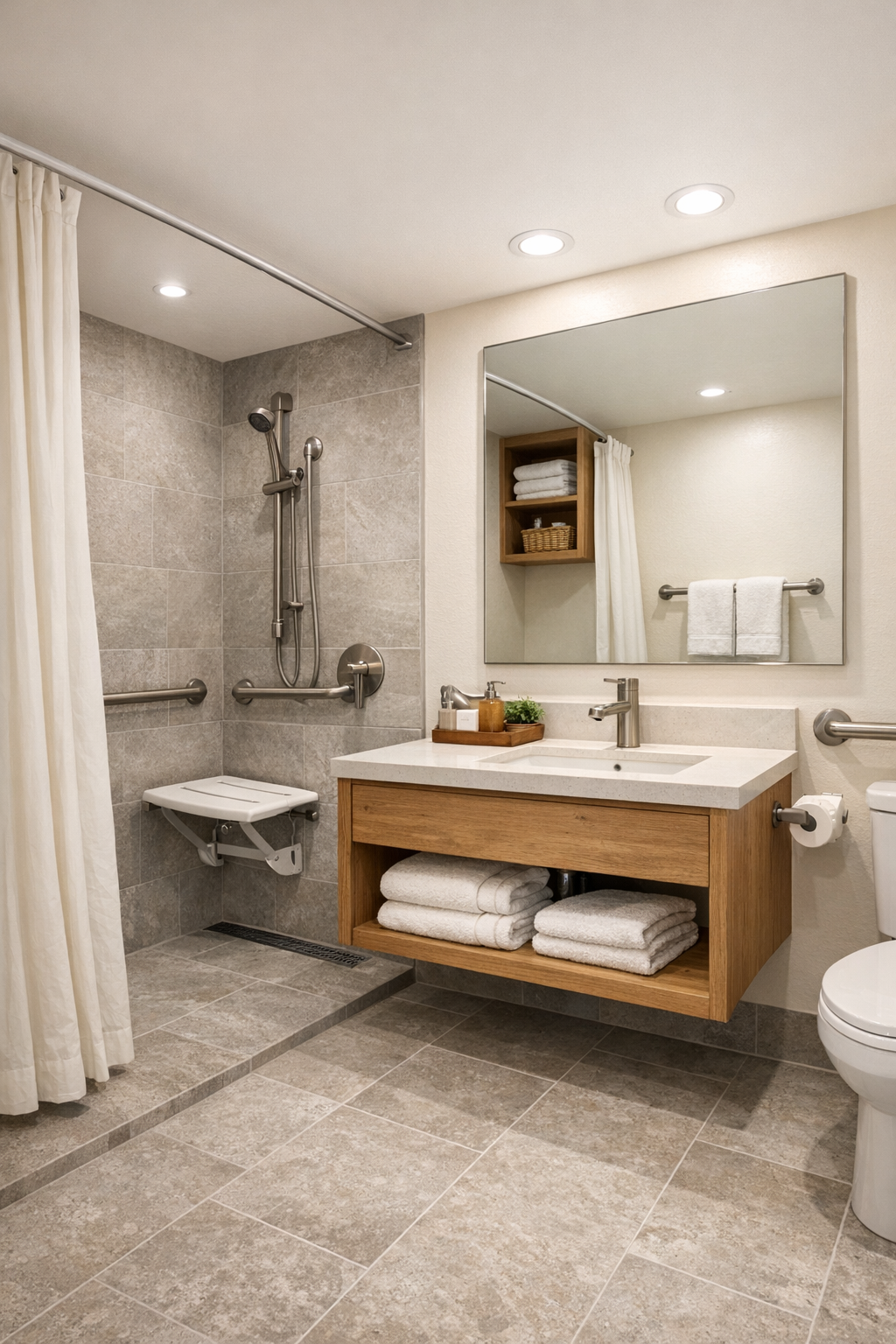 Accessible bathroom with curbless shower and warm stone-look finishes