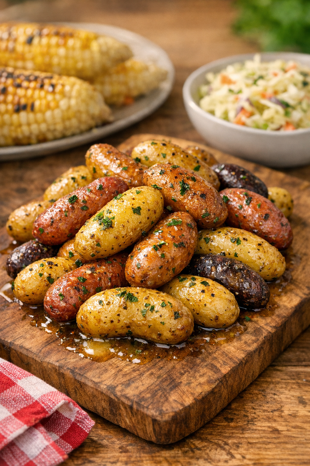 Final plated crispy baby potatoes with cookout sides