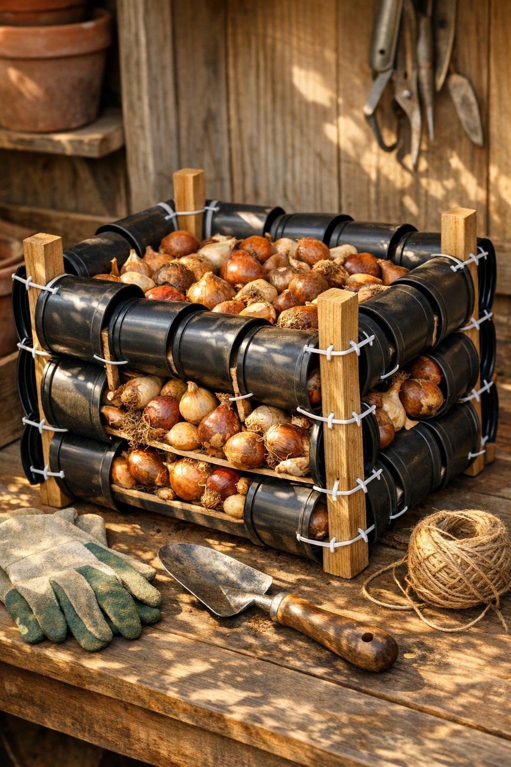 Finished bulb storage crate made from nursery pots on a potting bench