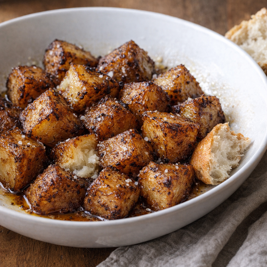 Finished potatoes plated in a shallow white bowl