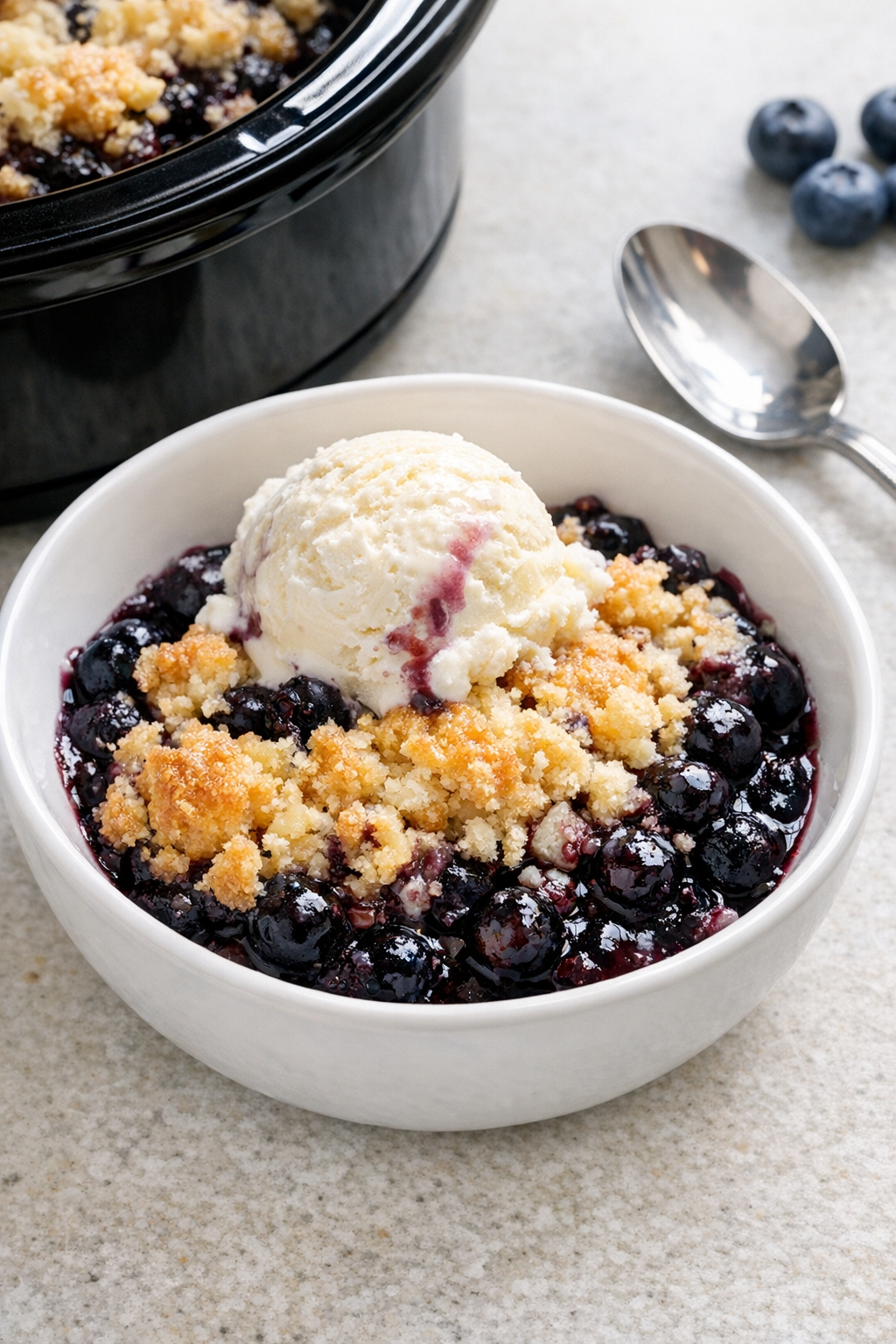 Finished blueberry slow cooker dessert served warm in a bowl