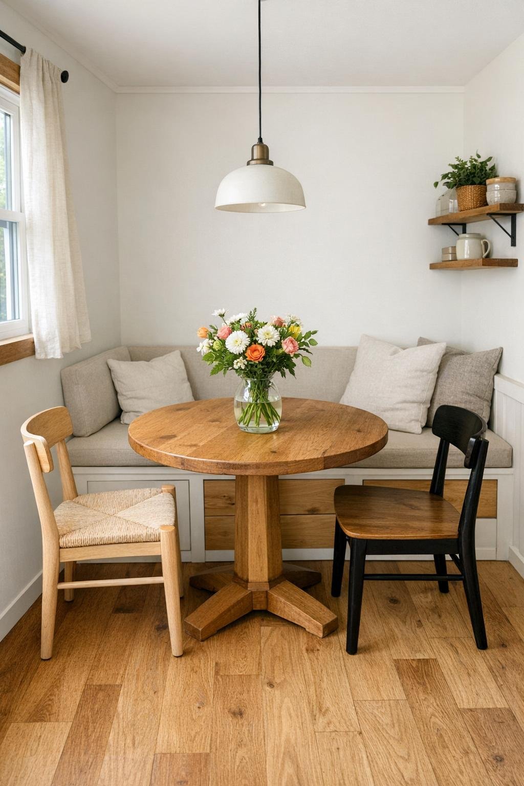 Small dining nook with a round wood table, simple chairs, and soft natural light