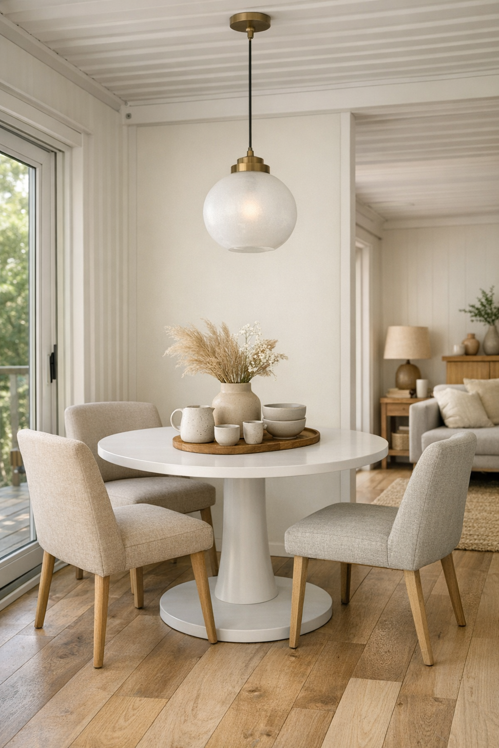 Modern dining area with round table and frosted glass pendant light