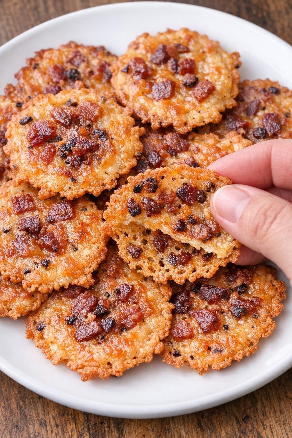 Low carb 3-ingredient bacon stratford crisps on a white plate