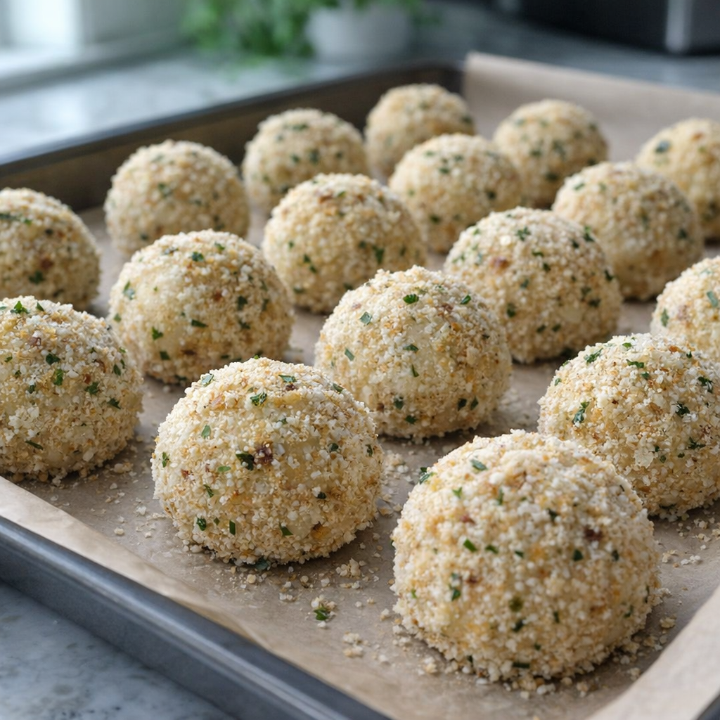 Breadcrumb-coated potato balls lined up on a baking sheet
