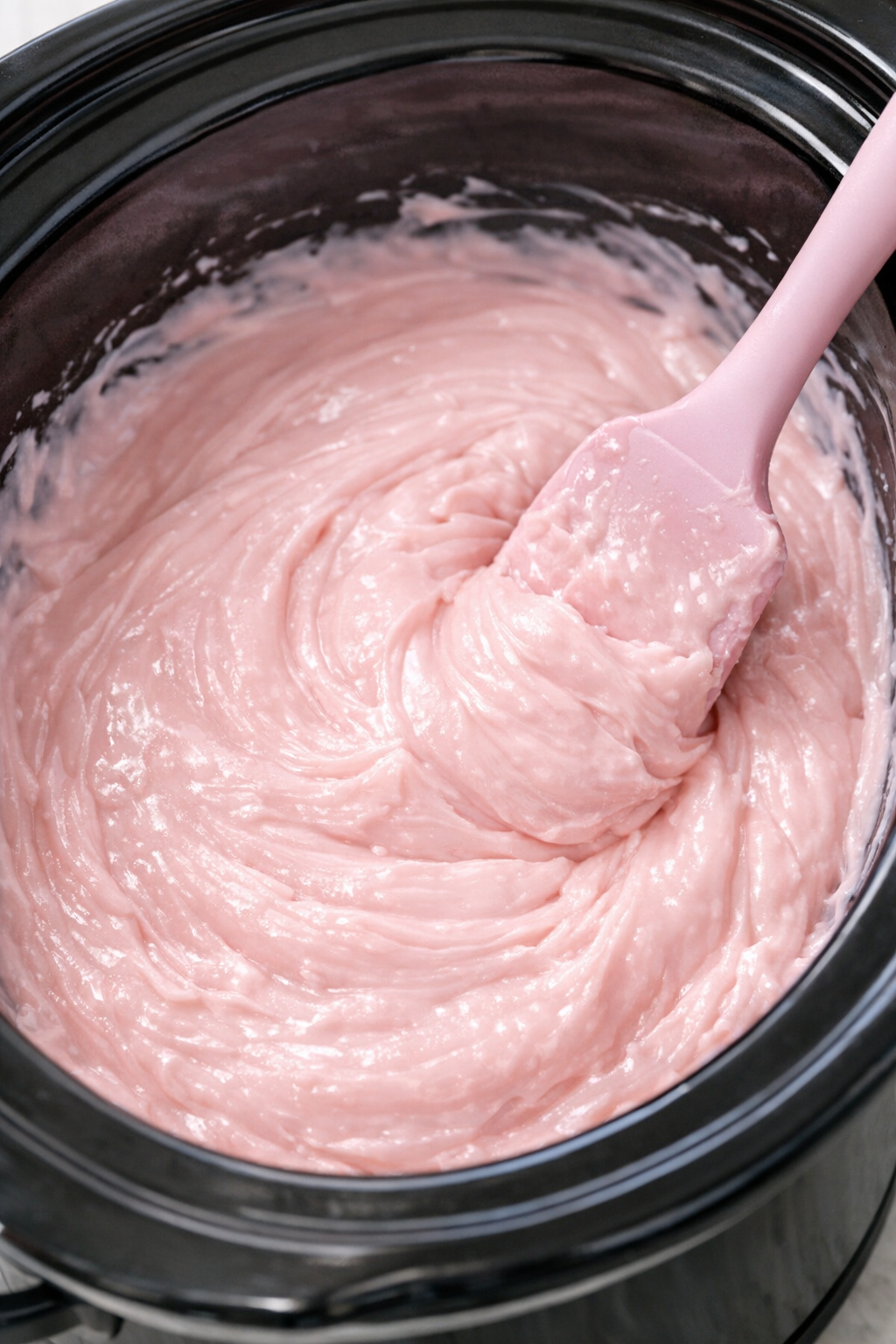 Melted pink fudge mixture being stirred in a slow cooker
