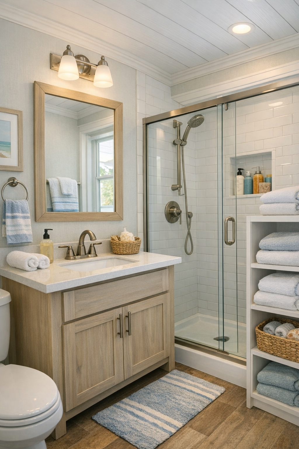 Fresh coastal bathroom with white vanity, bright tile, and glass shower