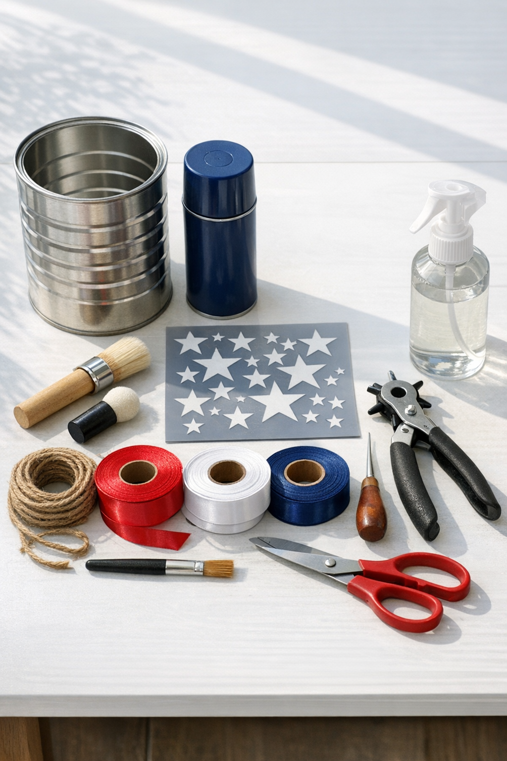 Materials for a patriotic windsock laid out on a table