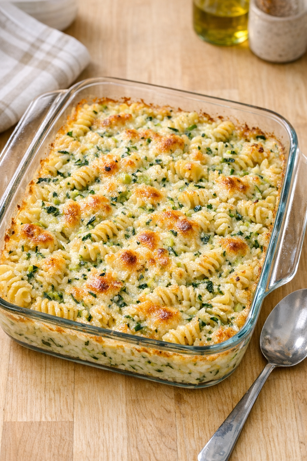 Baked zucchini rotini pasta in a glass dish