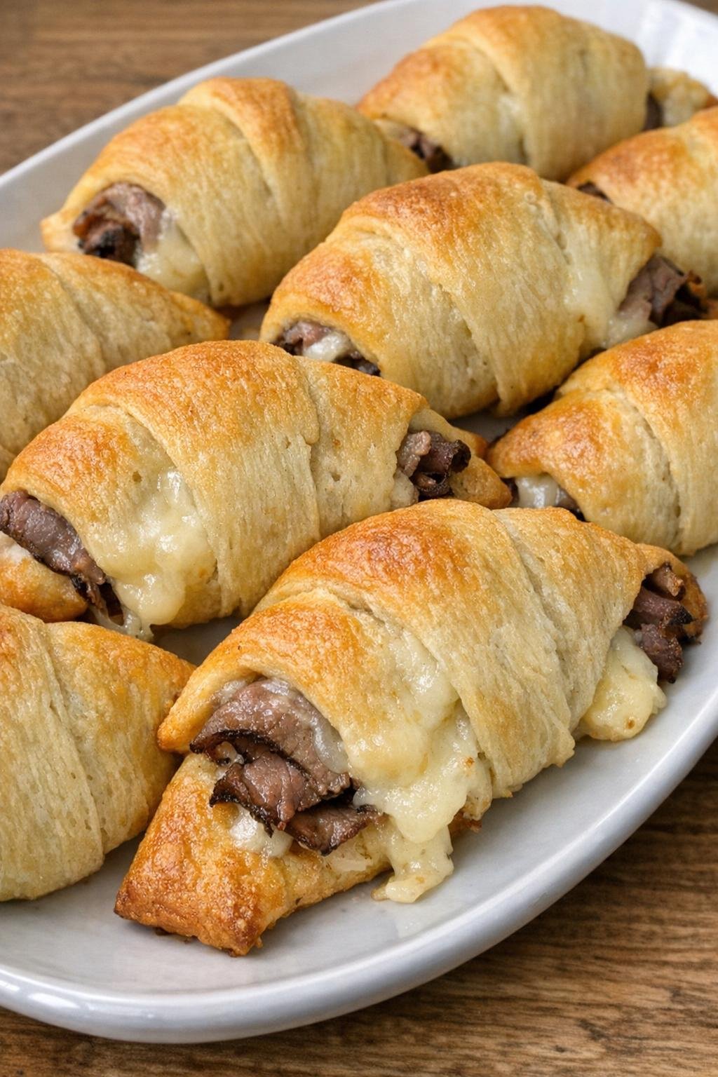 Golden brown crescent bites with roast beef and white cheddar on a white platter