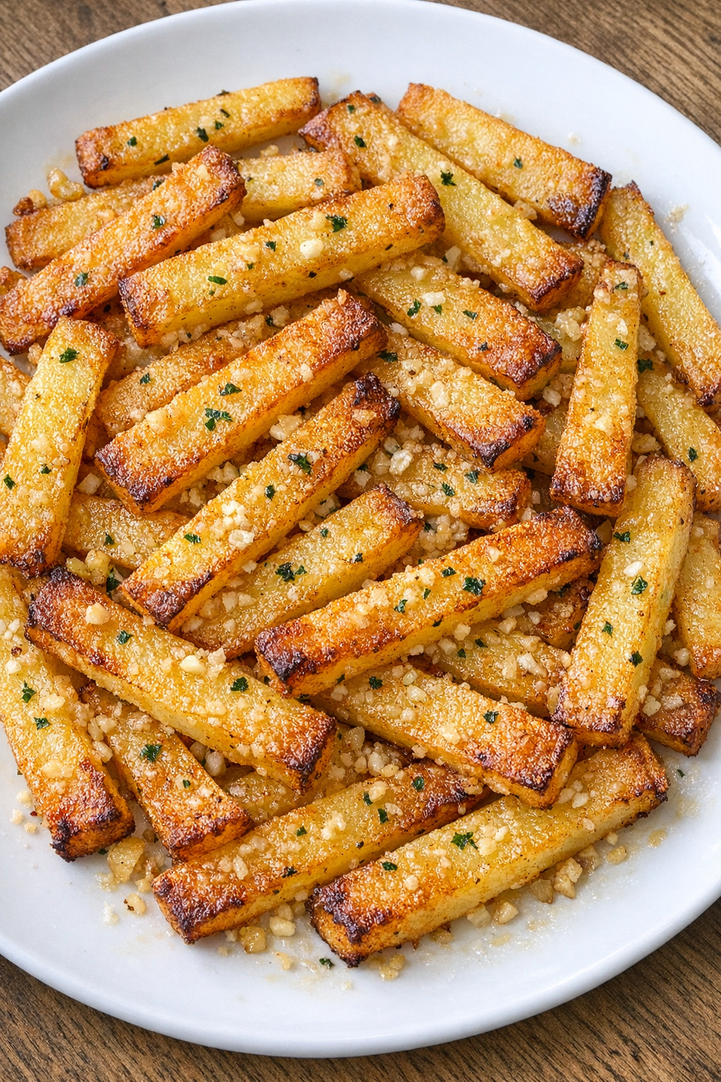 Golden buttery garlic potato strips on a white platter