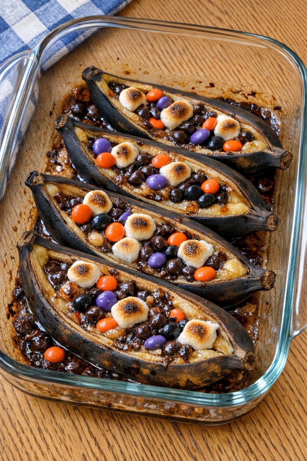 Finished baked bananas with chocolate, marshmallows, and Halloween candy